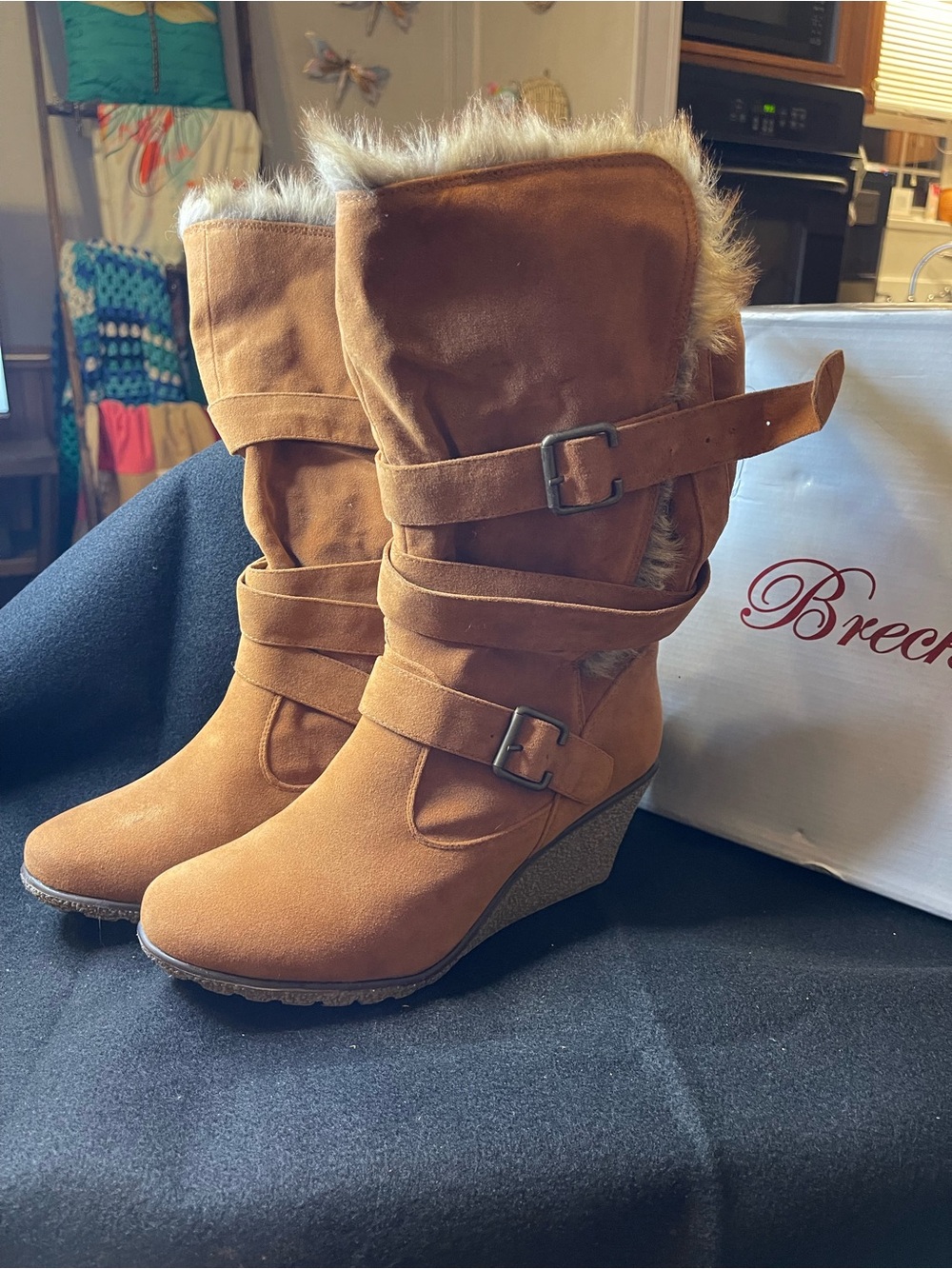 Breckelles Women’s Chestnut Suede Faux-Fur Wedge Boots